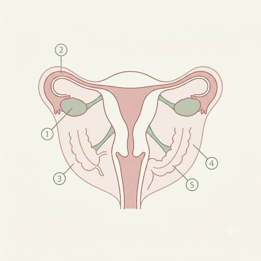 Diagrama educativo da endometriose mostrando os locais mais comuns de implantação do tecido endometrial fora do útero: ovários, tubas uterinas, peritônio pélvico, ligamentos uterossacros e intestino.